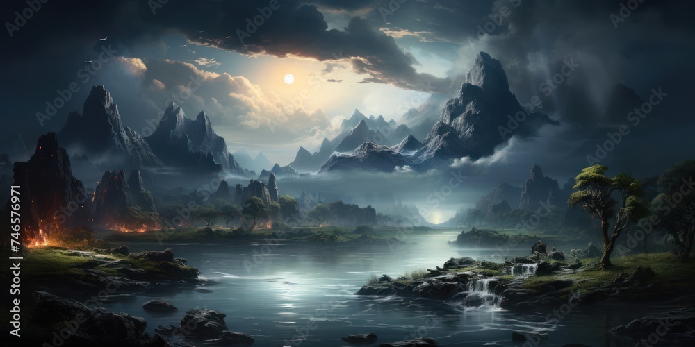 Mountainous Fantasy Landscape With River Generative AI
