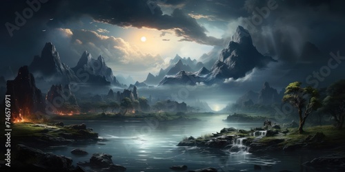 Mountainous Fantasy Landscape With River Generative AI © Johnathan