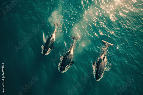 Overhead shot capturing killer whales (Orcas) swimming together in the deep blue sea, showcasing nature's majesty.. © bajita111122