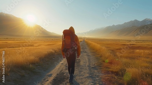 A lonely backpacker is walking along highway pass through beautiful Pamir Plateau landscape.