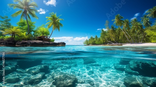 Tranquil tropical beachscape with lush palm trees and serene, crystal-clear lagoon