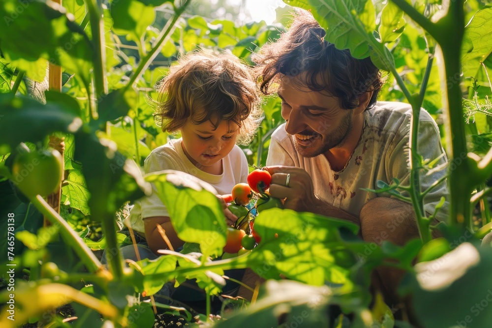 Father and son picking fresh tomatoes from garden.