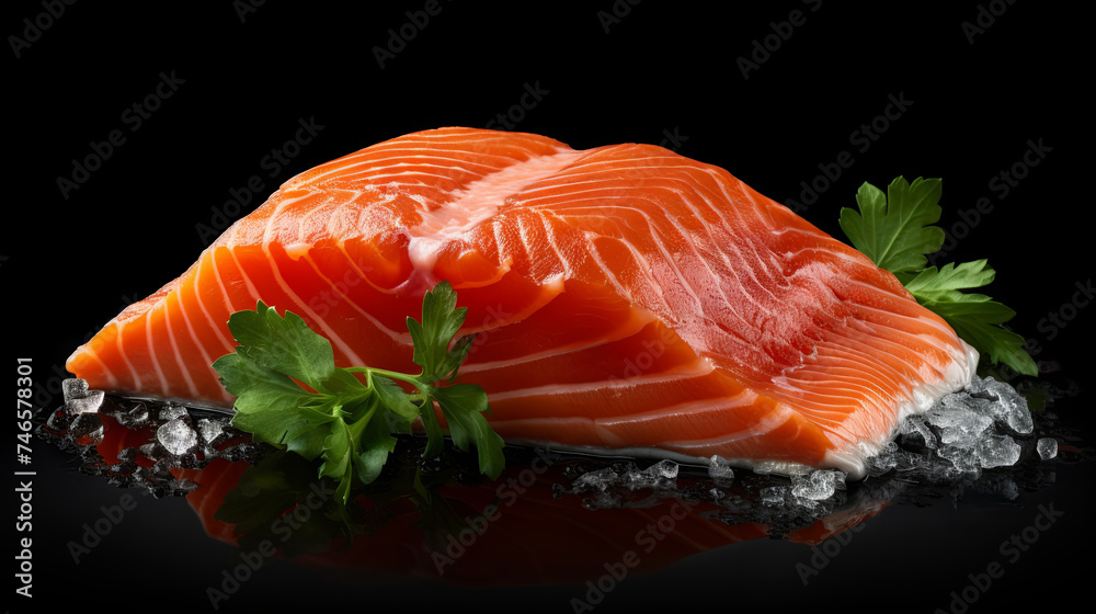 Fresh raw salmon steak garnished with parsley sprig on dark isolated background Fresh raw salmon steak garnished with parsley sprig on dark isolated background
