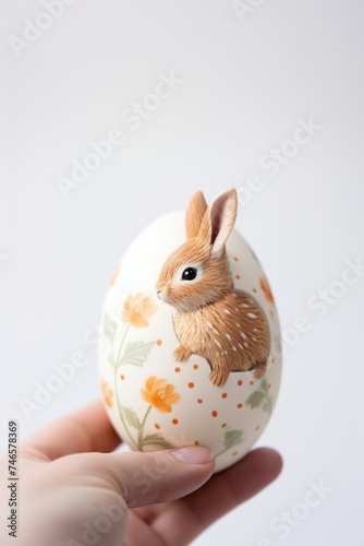 A close-up shot of a beautifully decorated Easter egg held up against a white background, with a small Easter bunny figurine in the background. The focus should be on the egg and the bunny. 