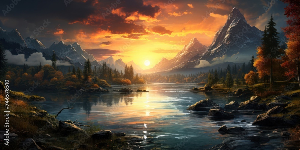 Sunset Over a Mountain Lake Generative AI