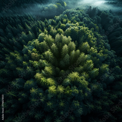 Generative AI image of Overlooking a dense forest from a bird's eye view, Glowing radioactivity © TimelessTales
