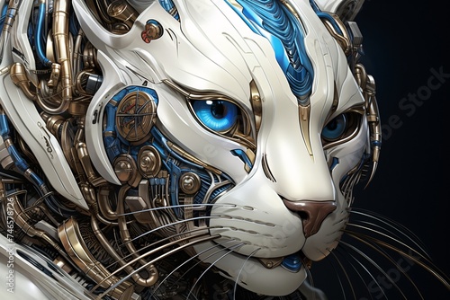 a cat with blue eyes and a mechanical design