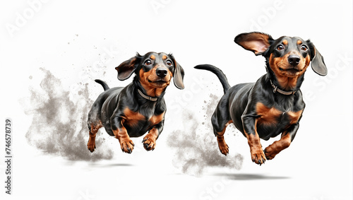 the dachshund dog jumps in the air. Isolated on white background