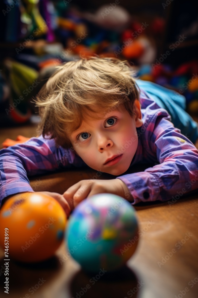Obraz premium A shot of a child lying on their stomach on the floor, coloring in an Easter egg with markers. The child should be focused on their task, with a look of concentration on their face.