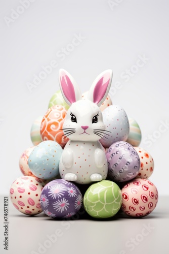 A shot of a collection of Easter eggs, each painted with a different design, arranged around a plush Easter bunny on a white surface. The focus should be on the bunny and the eggs. 