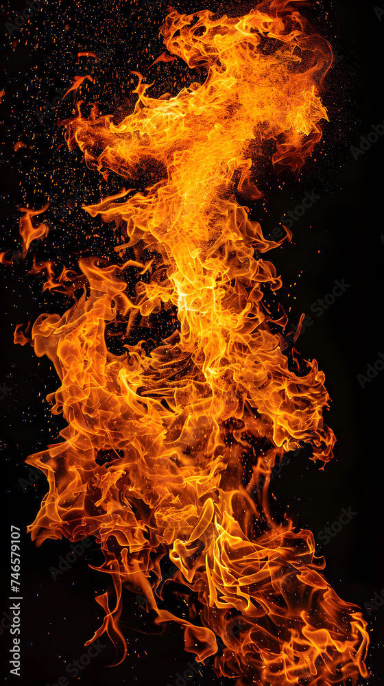 Fire blazes with intense heat on black background Fire blazes with intense heat on black background