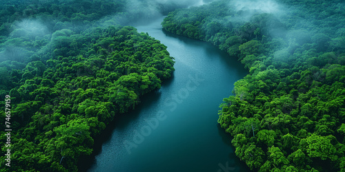 Aerial perspective of a winding river through a dense, mist-covered tropical rainforest..
