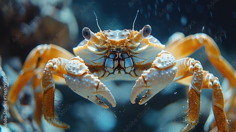 Close-up shot of a giant crab with its shiny shell, giving off a majestic and powerful vibe in its habitat. Close-up shot of a giant crab with its shiny shell, giving off a majestic and powerful vibe in its habitat.