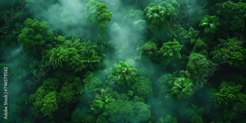 An aerial view of a lush, dense tropical rainforest enveloped in a mystical layer of fog, highlighting the richness of the ecosystem.. © bajita111122