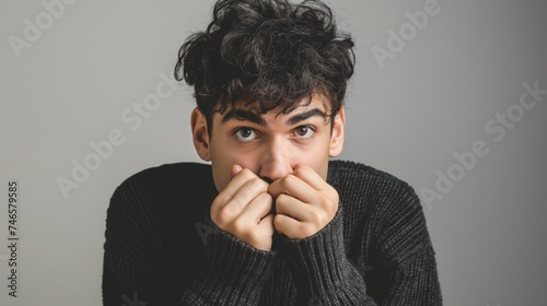 Scared not sure brown eyes young guy with curly hair wearing black knitted sweater looking at camera with hands at his mouth biting nails photo
