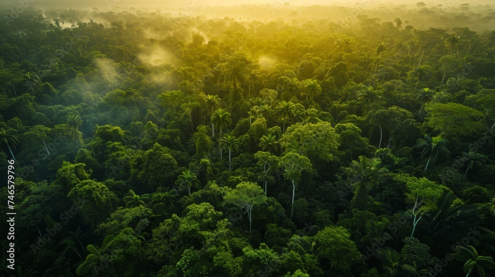 Generative AI image of Overlooking a dense forest from a bird's eye view, Glowing radioactivity