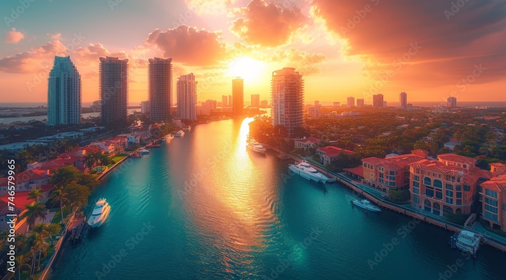 Generative AI image of Photo Realistic Extreme ultra fine, city of downtown Miami shot with dramatic Sunset from 500 feet high, many yachts, floating in waterways