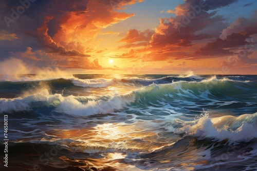 Painting of a Sunset Over the Ocean Generative AI
