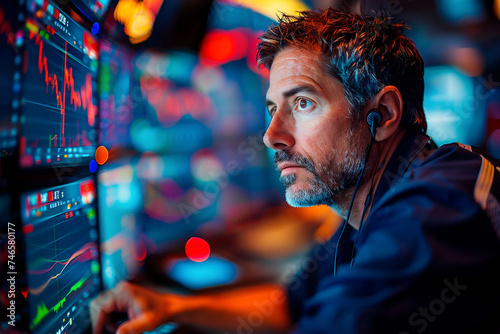 Stock market trader monitoring financial data on multiple screens, reacting to news of inflationary spikes and market volatility, inflation and investor sentiment