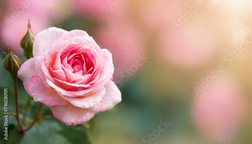 Horizontal banner with pink rose on blurred background. Beautiful nature.