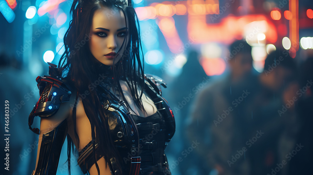 Beautiful Asian woman with model looks, taking part in a cyberpunk cosplay festival. - obrazy, fototapety, plakaty 