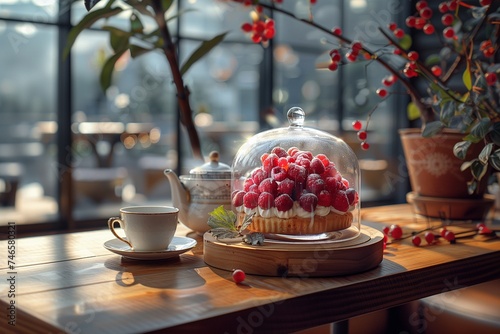 Tea and fresh cake under glass dome on wooden table
