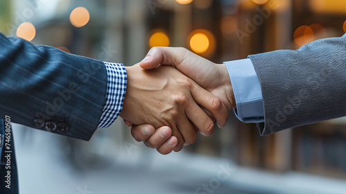Close-up of a firm handshake between business partners, representing trust and agreement in a professional corporate environment.