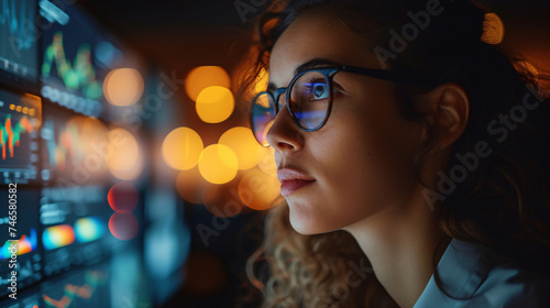 A young female financial analyst deeply focused on analyzing fluctuating stock market trends on high-tech digital screens.