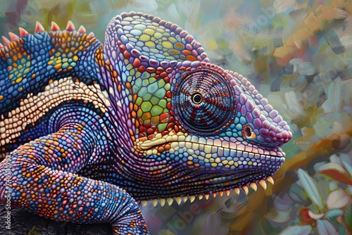 A vibrant chameleon is depicted on a tree branch. The chameleons body showcases an array of colors blending seamlessly with the environment. Generative AI © Azhorov