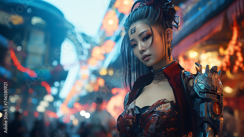 Beautiful Asian woman with model looks, participating in a cyberpunk arts festival.