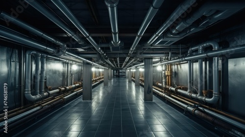 Empty underground tunnel with drainage system and metal pipes for transporting water and gas with long ceiling electrical cables.
