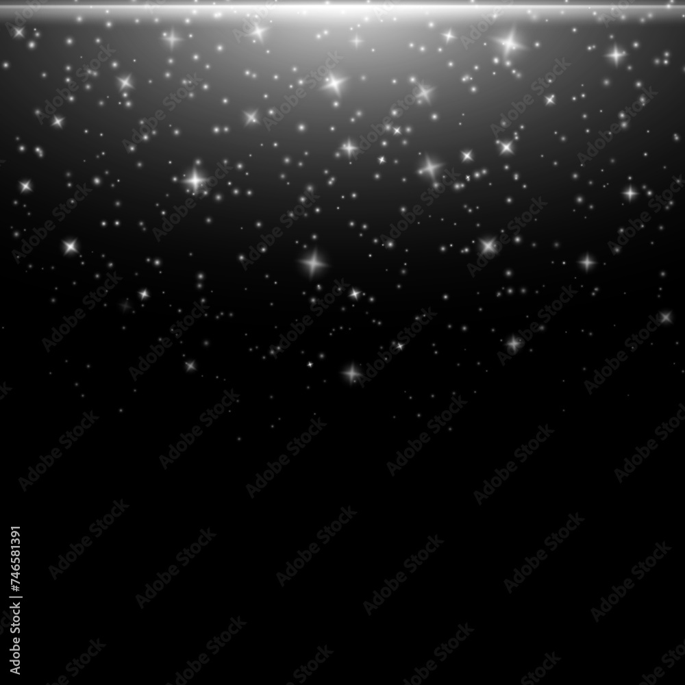 Glittering stardust on black background, sparkling particles, light effect, white color