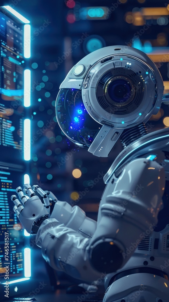 Fototapeta premium Innovative Robotics. Shaping the Future of Technology and Science Fiction. Conceptualizing Futuristic Androids in Blue Tinged Environments
