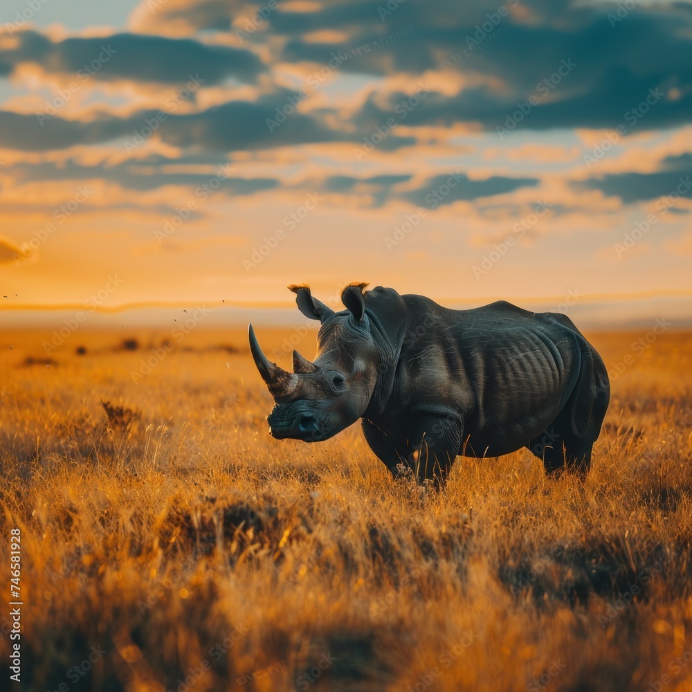 Obraz premium Majestic Rhinoceros Roaming the African Savannah: A Symbol of Power and Endangerment in the Wild. This Magnificent Creature