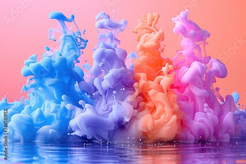 A dynamic display of blue and pink colored smoke puffing up and blending artistically against a soft pastel orange background. photo