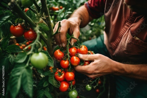 A gardener holding gardening shears is picking ripe red tomatoes from a green bush.
