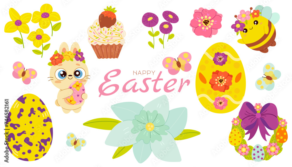 Cute Easter set. Spring collection of animals, flowers and decorations. For poster, card, scrapbooking , stickers