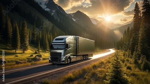 A semi-trailer truck is driving on a long highway with the sunset in the background. photo