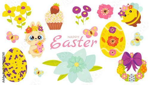 Cute Easter set. Spring collection of animals, flowers and decorations. For poster, card, scrapbooking , stickers