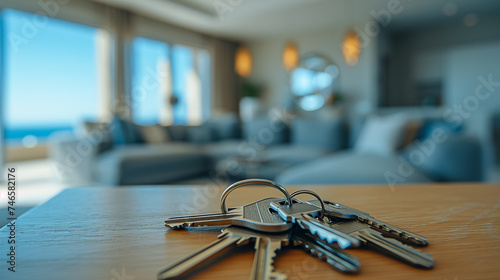 Keychain on a table in the living room with a view of the sea.