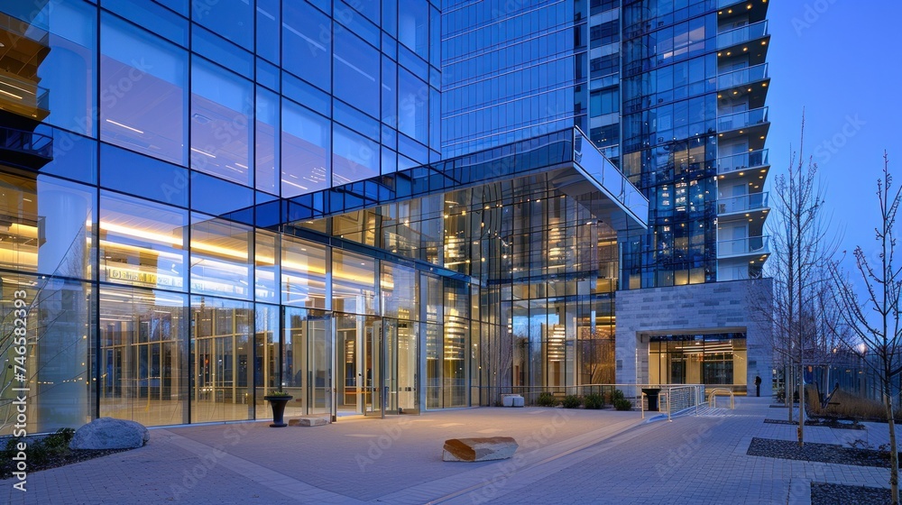 Building and entrance to an office building next to a contemporary high-rise structure with glass walls, mirrors and lighting.