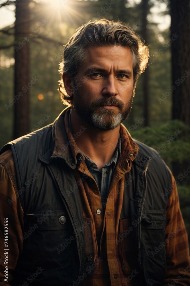 Fototapeta premium Man Standing in Forest With Trees in Background. Generative AI.