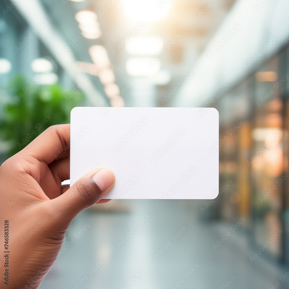 Close up of hand holding blank white business card mockup on blurred office background Close up of hand holding blank white business card mockup on blurred office background