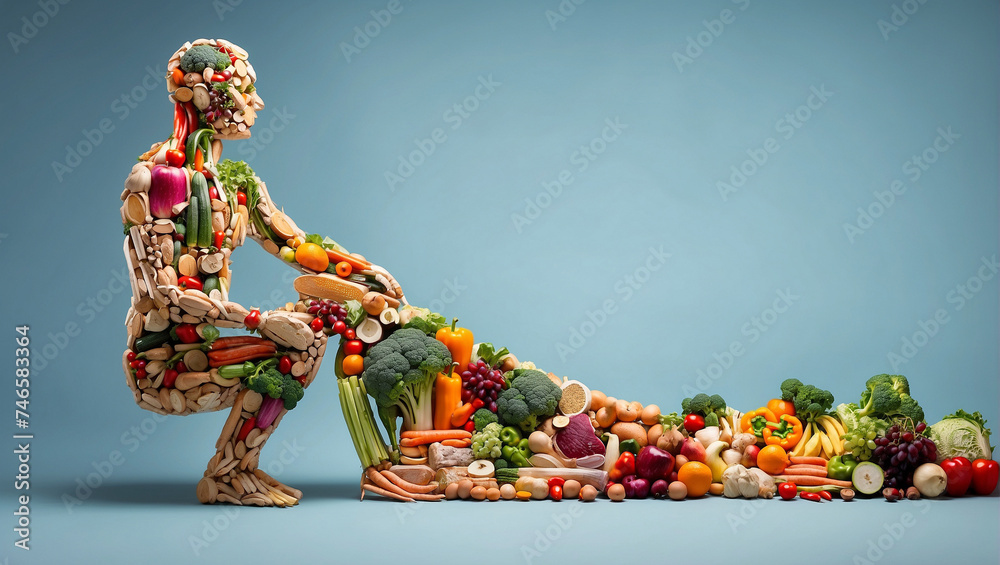 the human figure is lined with healthy products, pulling a mountain of products. healthy food, diet, healthy lifestyle