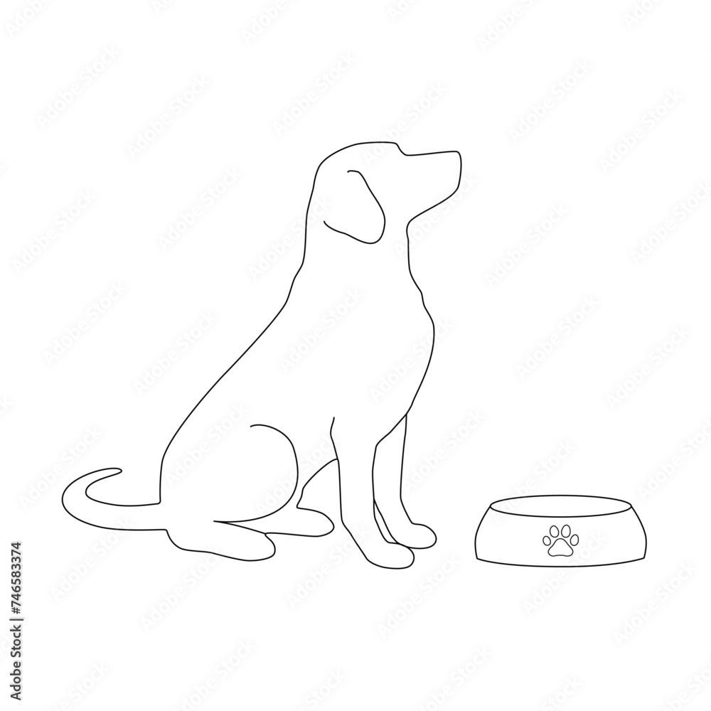 Silhouette of a dog and a bowl on a white background. Vector illustration, web design object.	