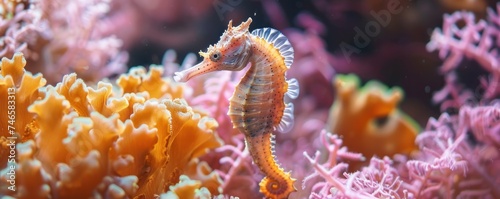 Enchanting Seahorses in the Underwater Realm: Exploring the Wonders of Marine Life. Amidst the Vibrant Coral Reefs and Turquoise Waters © Thares2020