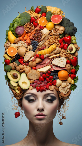 We are what we eat. Healthy eating. The portrait of a girl is made of food. Diet. Healthy foods