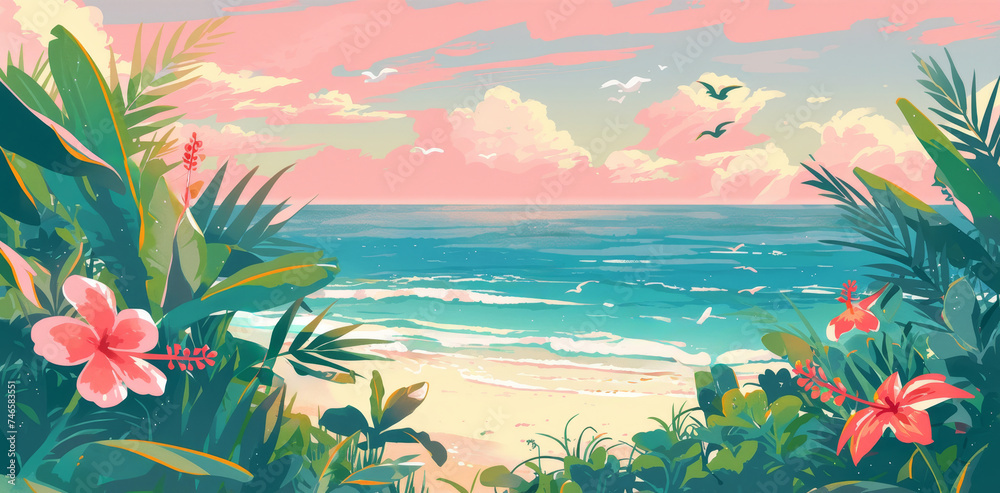 A serene beach vista in a vintage with tropical foliage and frangipani flowers framing a tranquil sea and pastel sunset sky.