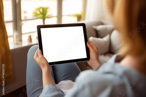 Woman sitting on sofa while holding white blank screen tablet at home