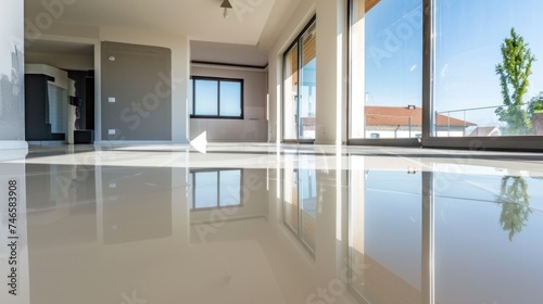 Modern apartment with shiny white epoxy floor and open plan design © photolas